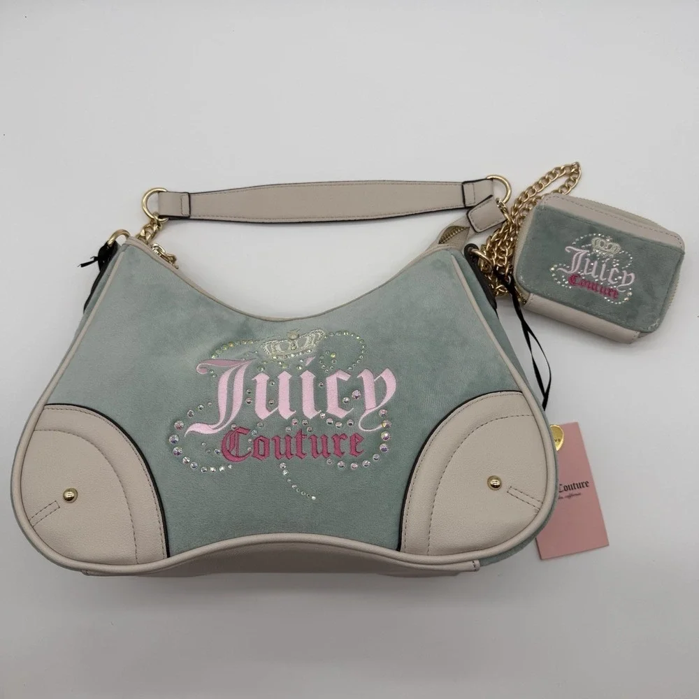 Juicy Couture Dreamy Shoulder Bag & Matching Zip Card Case Sage Green Velour NWT
